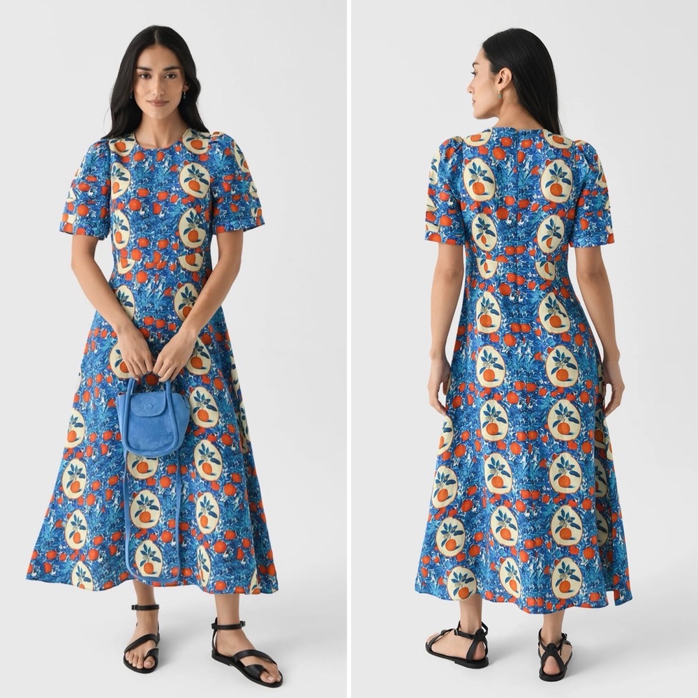 NWOT Hunter Bell Orange Grove Casey Dress Blue Citrus Print Size 4 Small